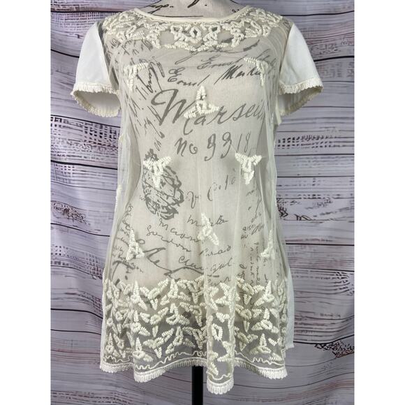 Maeve Anthropologie Sheer Lace Blouse Womens 4 Embroidery Split Tulip Back Ivory - Picture 1 of 12